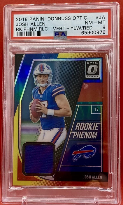 Josh Allen - 2018 PANINI DONRUSS OPTIC PHENOM RELIC VERTICAL-YELLOW/RED #JA PSA 8 NM-MT